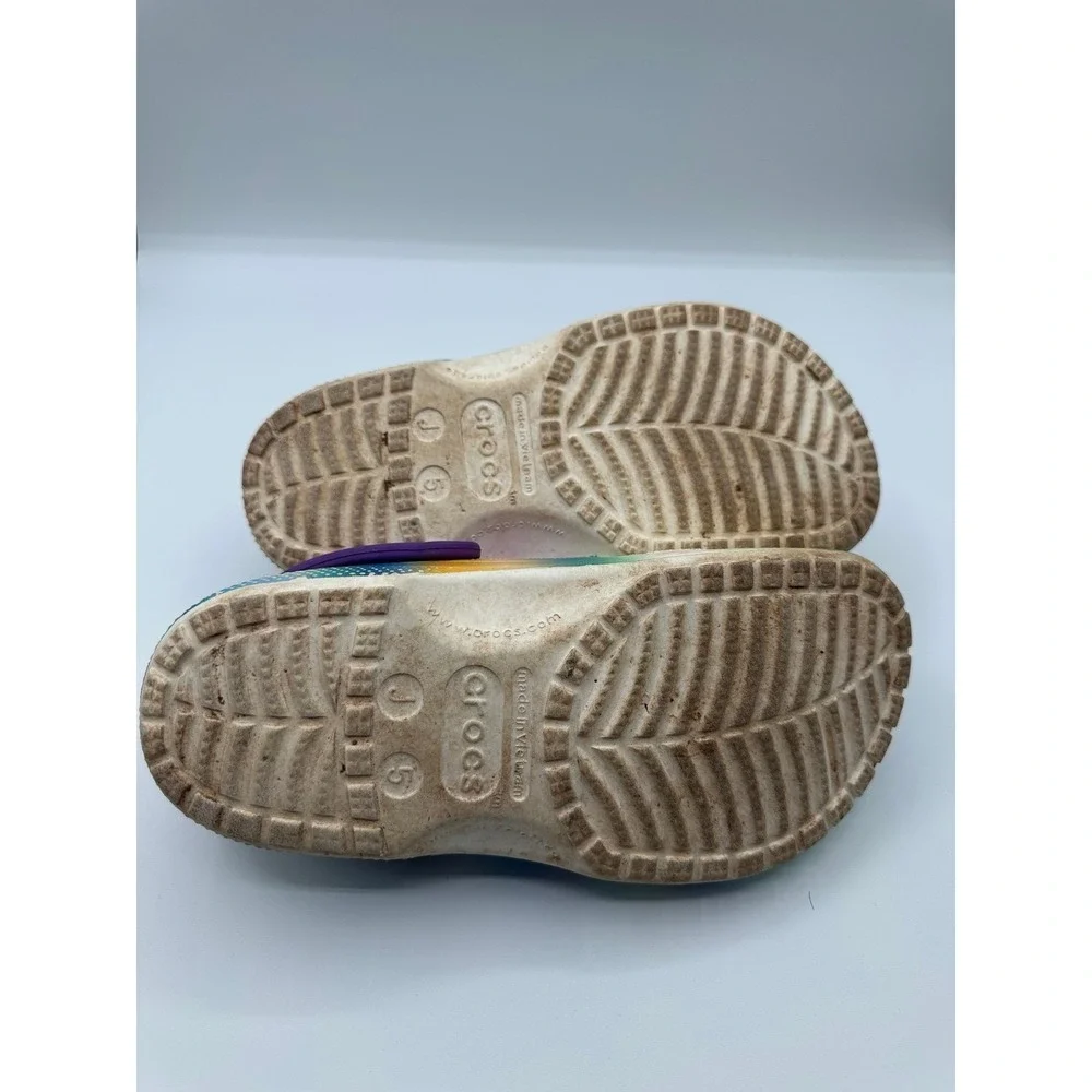 Crocs Kids Classic Tie Dye Glitter Clogs Multi Color Purple Strap Junior Size 5